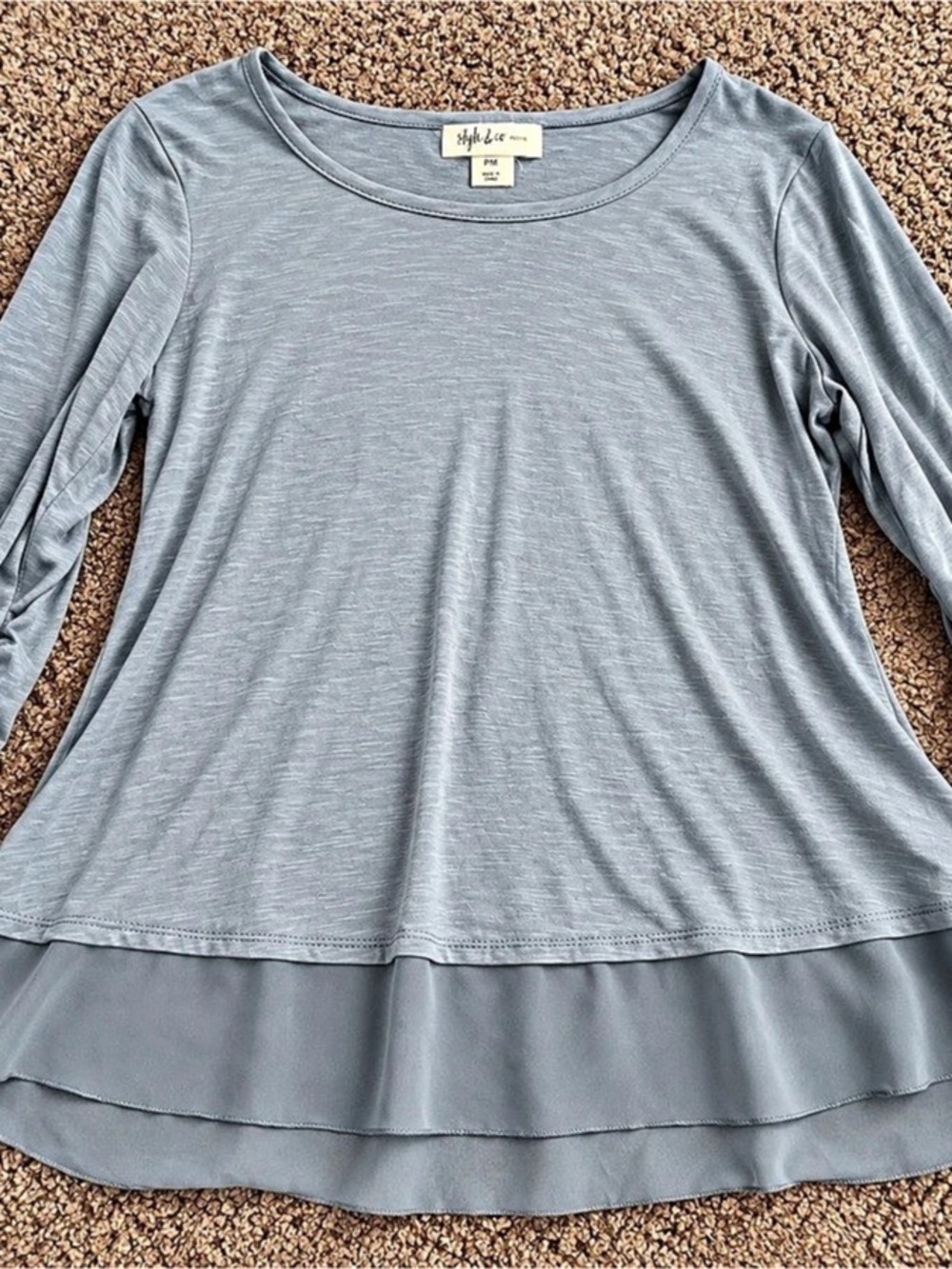 Style & Co Petite Blue Ruffle Hem Long Sleeve Tunic PM
